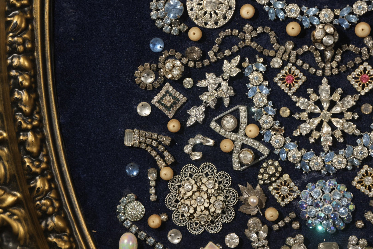 Vintage Framed Costume Jewelry Christmas Tree Art in Oval Faux-Wood Frame, Rhinestone Brooches and Beads on Blue Velvet