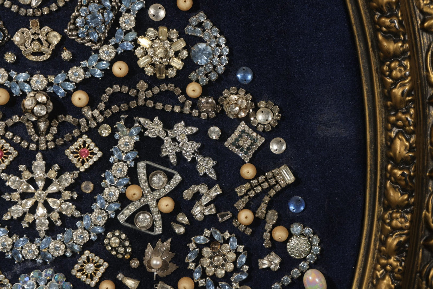 Vintage Framed Costume Jewelry Christmas Tree Art in Oval Faux-Wood Frame, Rhinestone Brooches and Beads on Blue Velvet