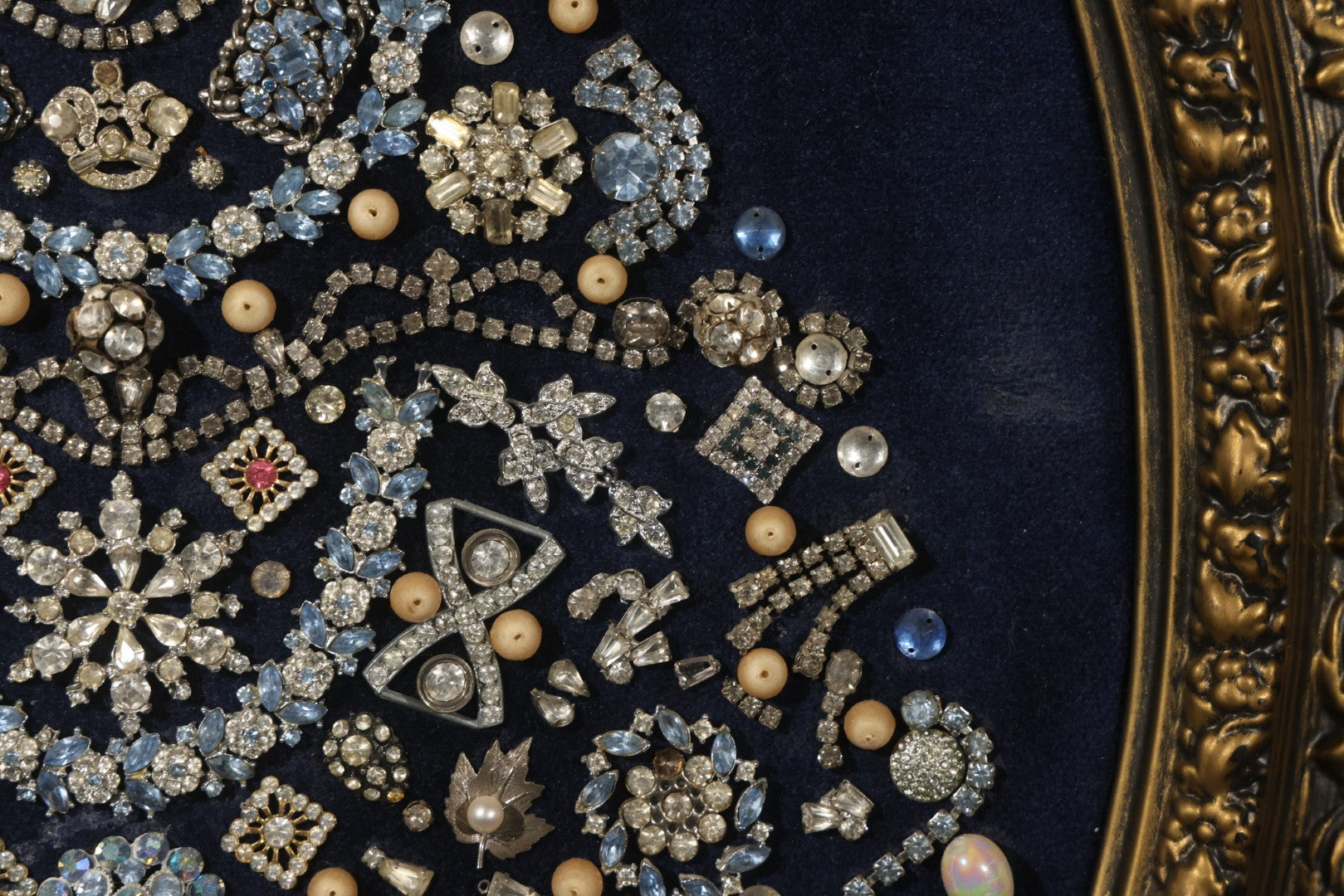 Vintage Framed Costume Jewelry Christmas Tree Art in Oval Faux-Wood Frame, Rhinestone Brooches and Beads on Blue Velvet