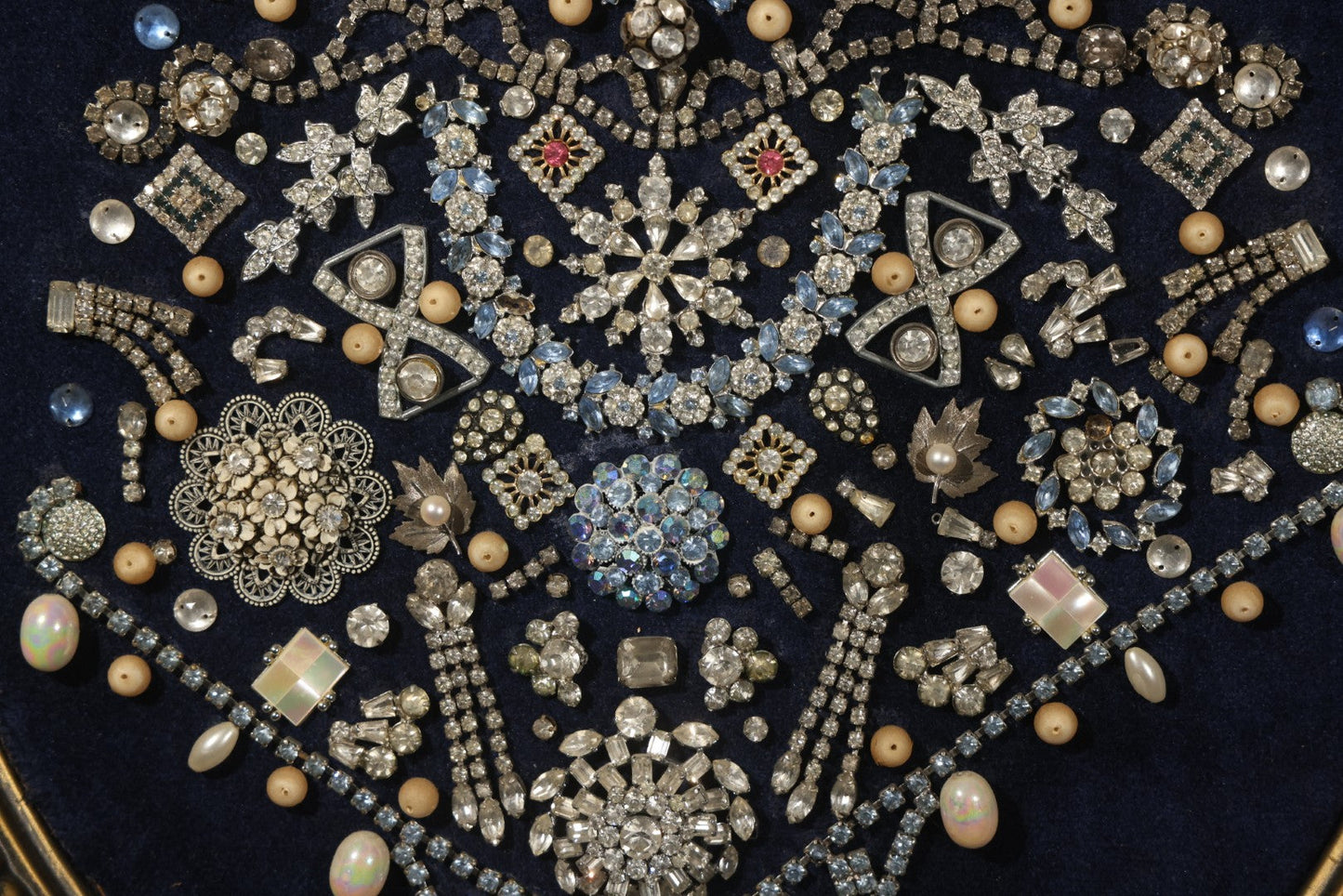 Vintage Framed Costume Jewelry Christmas Tree Art in Oval Faux-Wood Frame, Rhinestone Brooches and Beads on Blue Velvet
