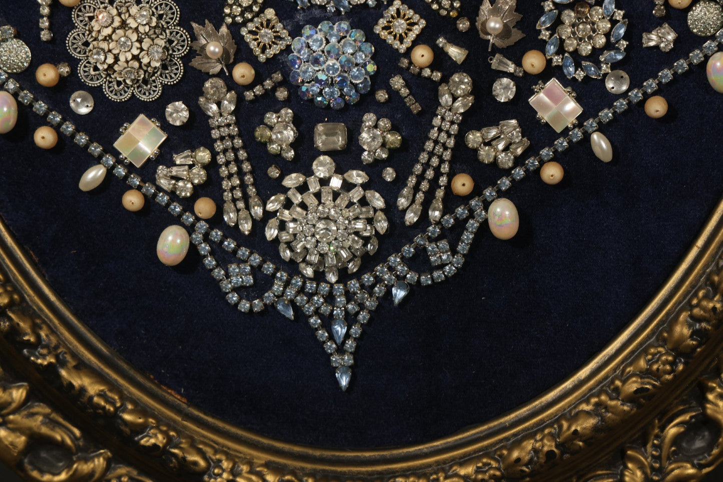 Vintage Framed Costume Jewelry Christmas Tree Art in Oval Faux-Wood Frame, Rhinestone Brooches and Beads on Blue Velvet