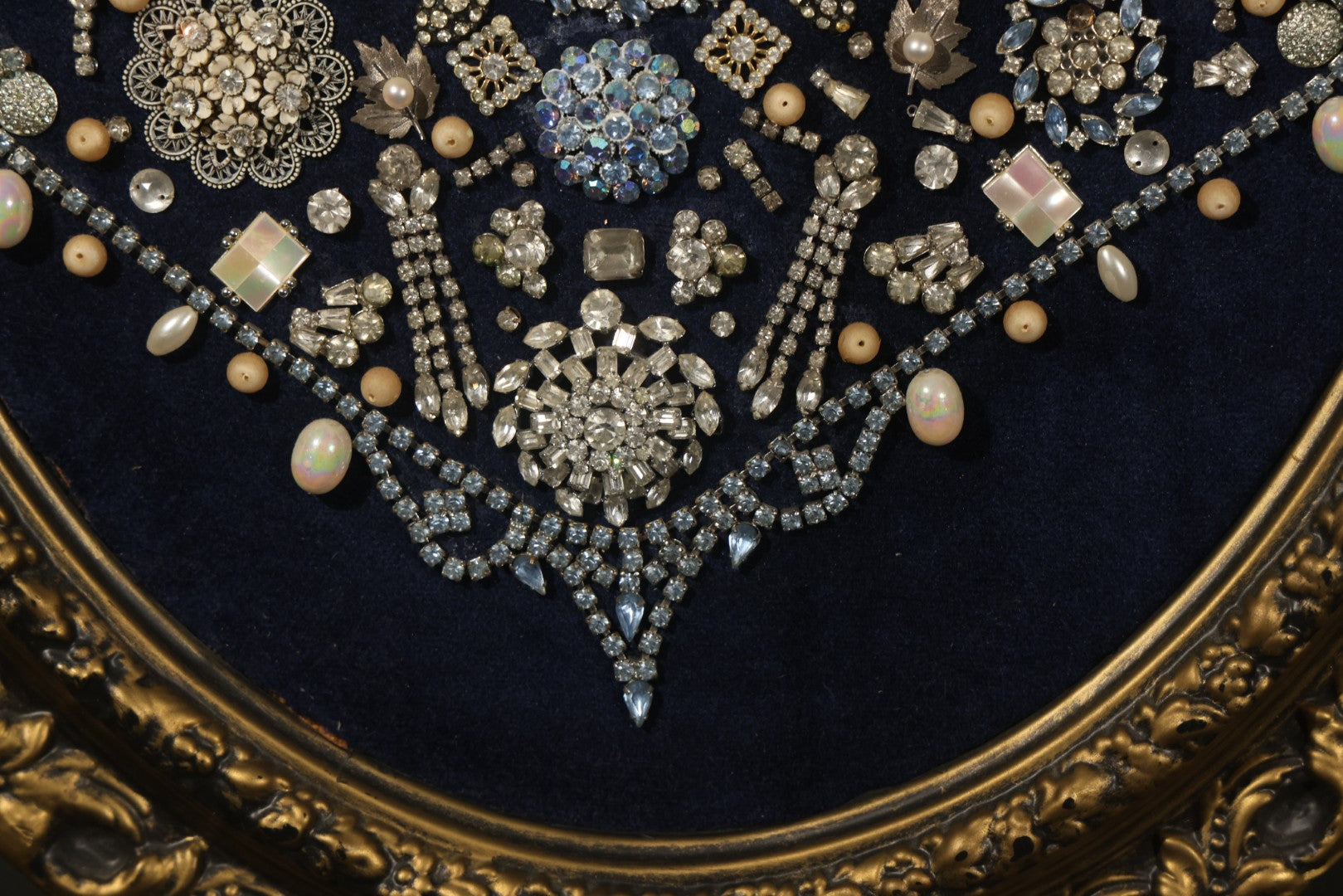 Vintage Framed Costume Jewelry Christmas Tree Art in Oval Faux-Wood Frame, Rhinestone Brooches and Beads on Blue Velvet