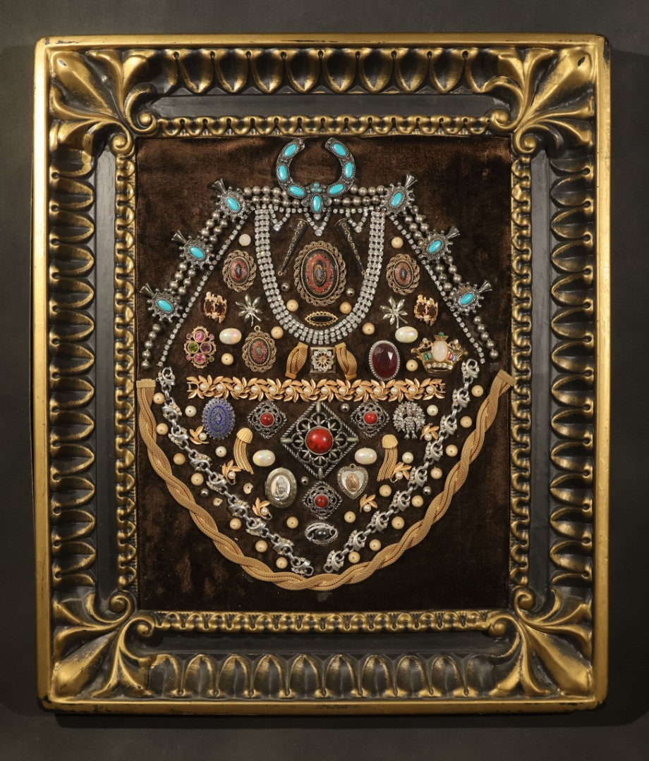 Vintage Costume Jewelry Wall Art in Plastic Faux Wood Frame
