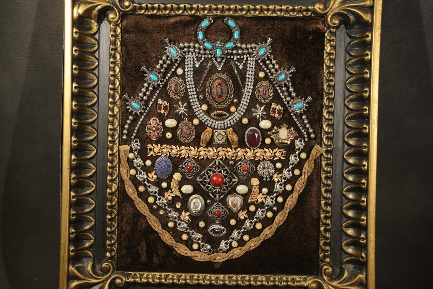 Vintage Costume Jewelry Wall Art in Plastic Faux Wood Frame