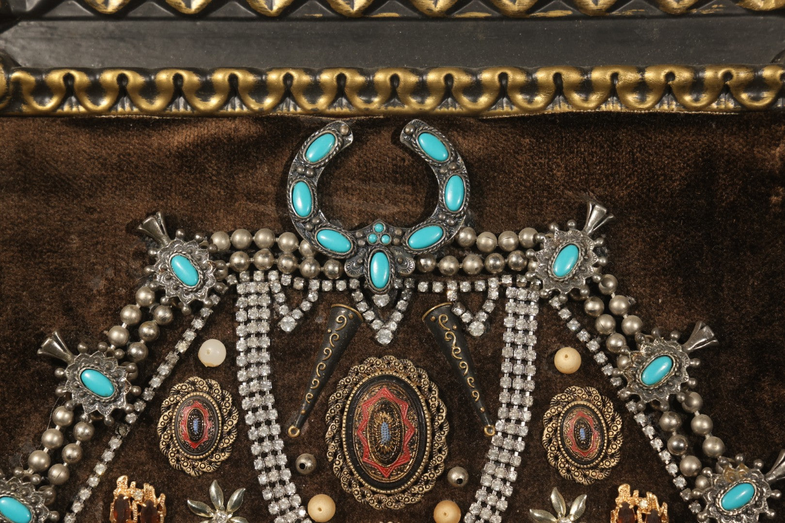 Vintage Costume Jewelry Wall Art in Plastic Faux Wood Frame