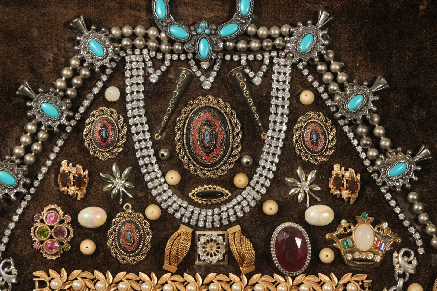 Vintage Costume Jewelry Wall Art in Plastic Faux Wood Frame