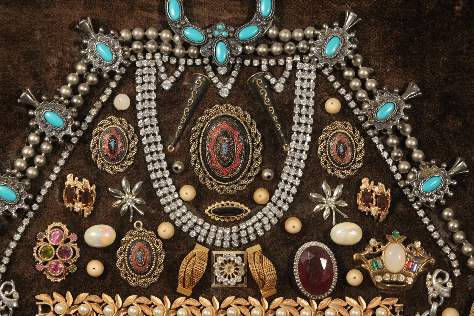 Vintage Costume Jewelry Wall Art in Plastic Faux Wood Frame
