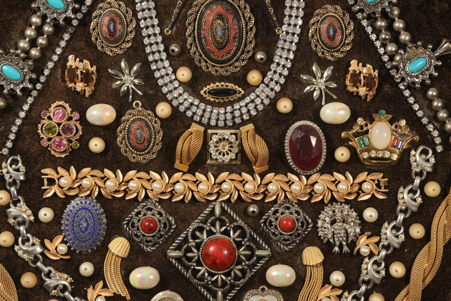 Vintage Costume Jewelry Wall Art in Plastic Faux Wood Frame