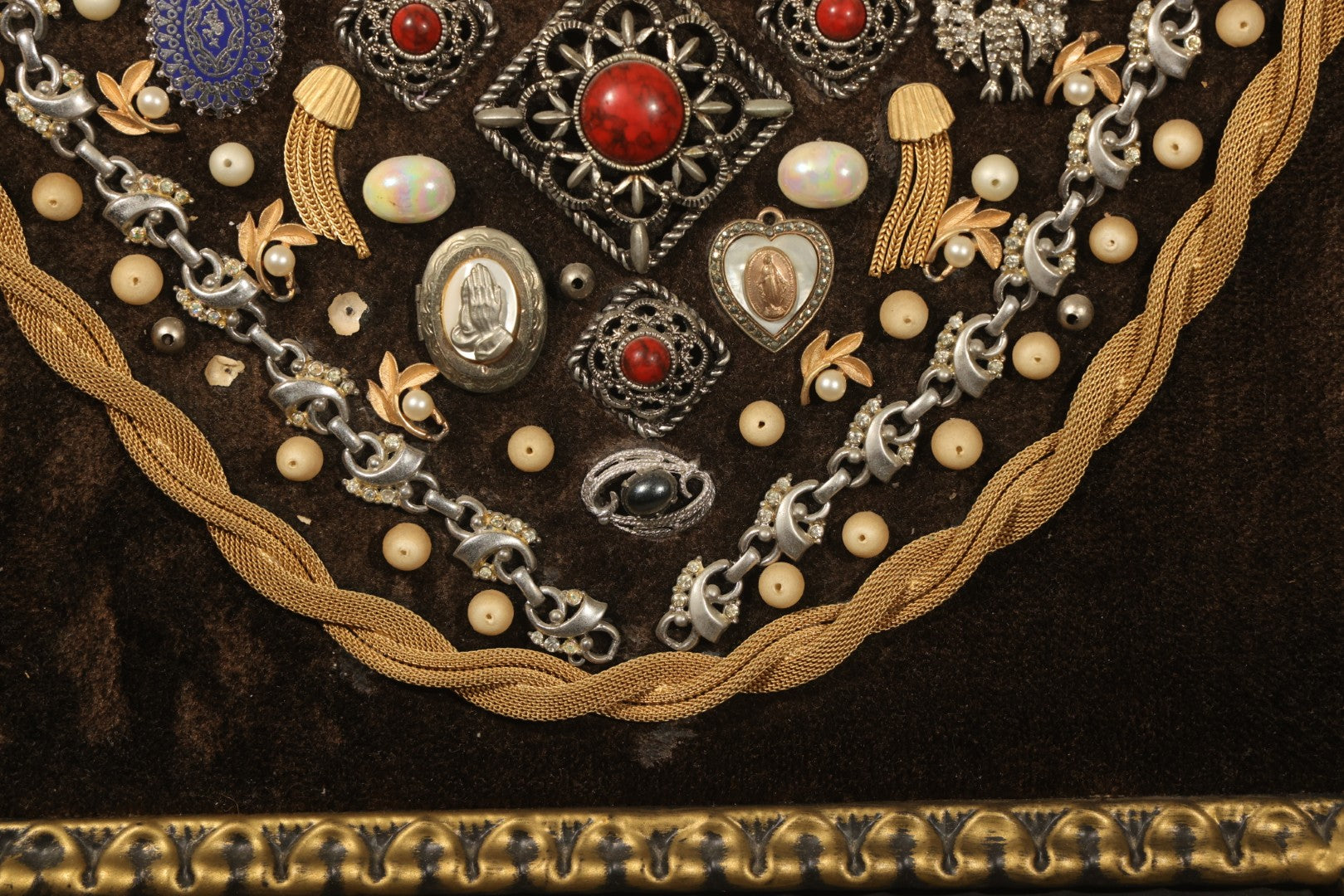 Vintage Costume Jewelry Wall Art in Plastic Faux Wood Frame