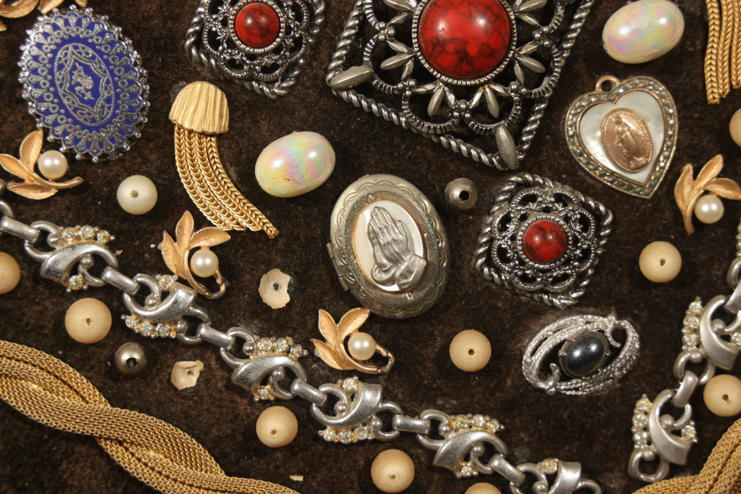 Vintage Costume Jewelry Wall Art in Plastic Faux Wood Frame