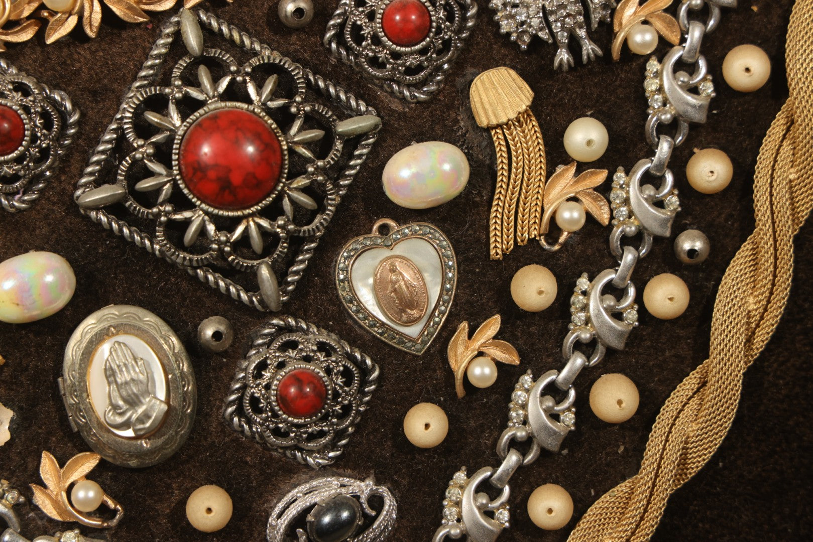 Vintage Costume Jewelry Wall Art in Plastic Faux Wood Frame