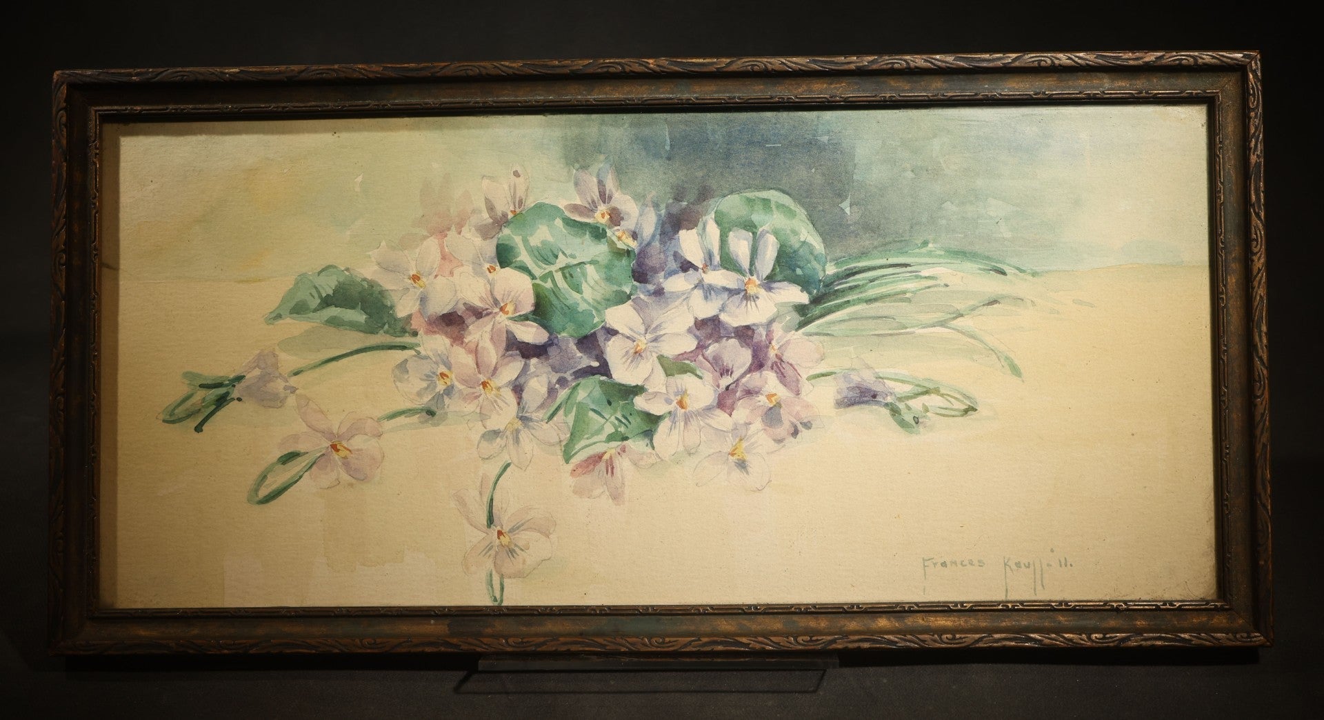 Antique Framed Watercolor Painting on Paper, Still Life of Violets, Signed Frances Kaull, 1911