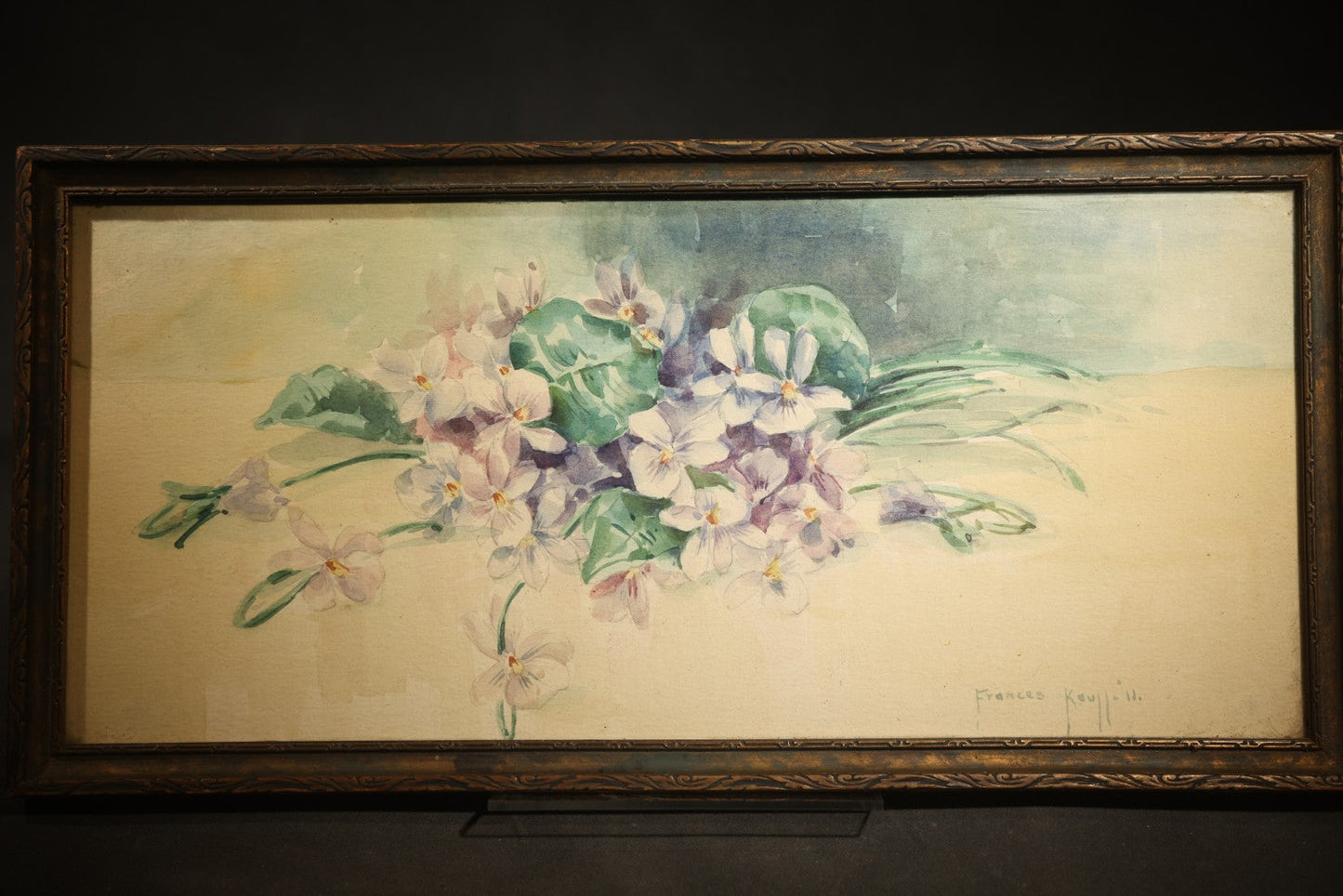 Antique Framed Watercolor Painting on Paper, Still Life of Violets, Signed Frances Kaull, 1911