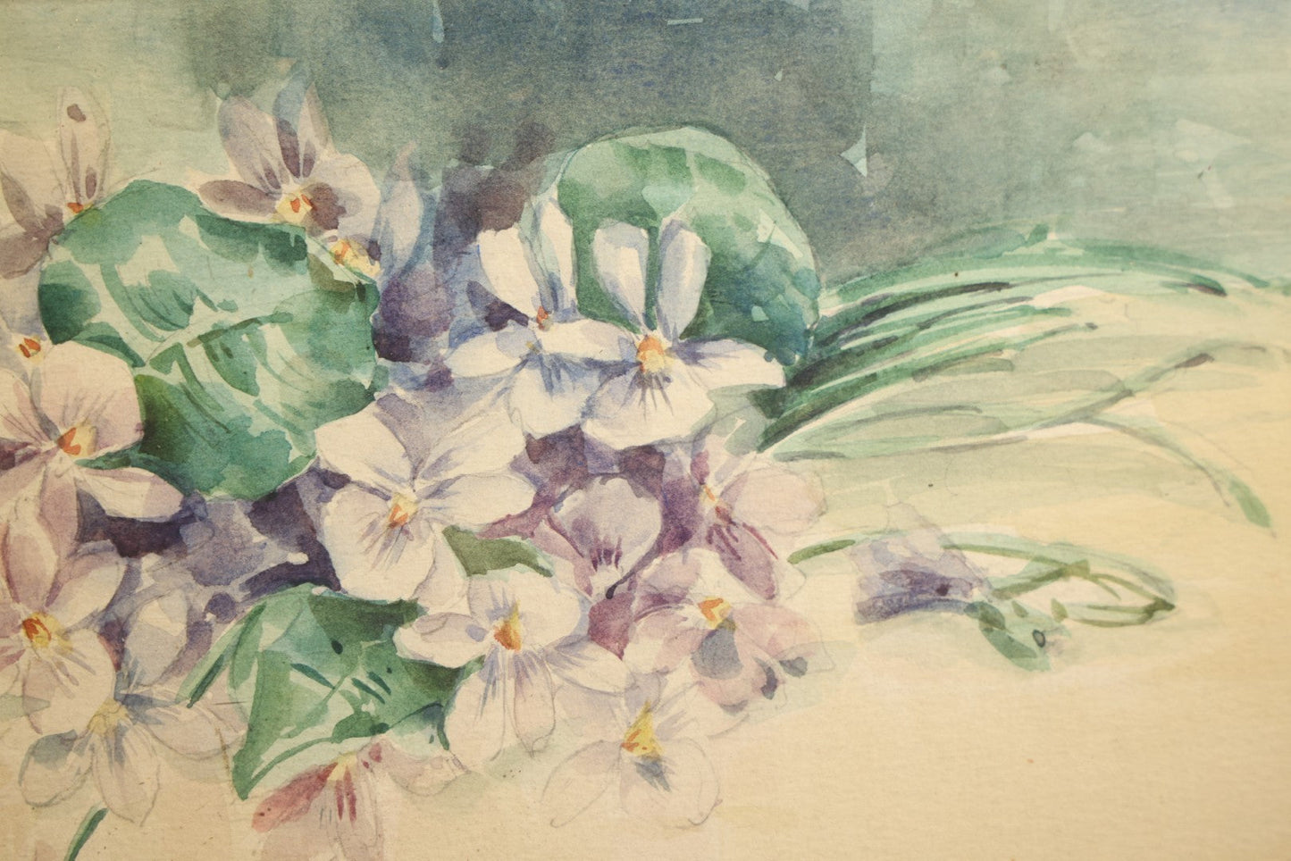 Antique Framed Watercolor Painting on Paper, Still Life of Violets, Signed Frances Kaull, 1911