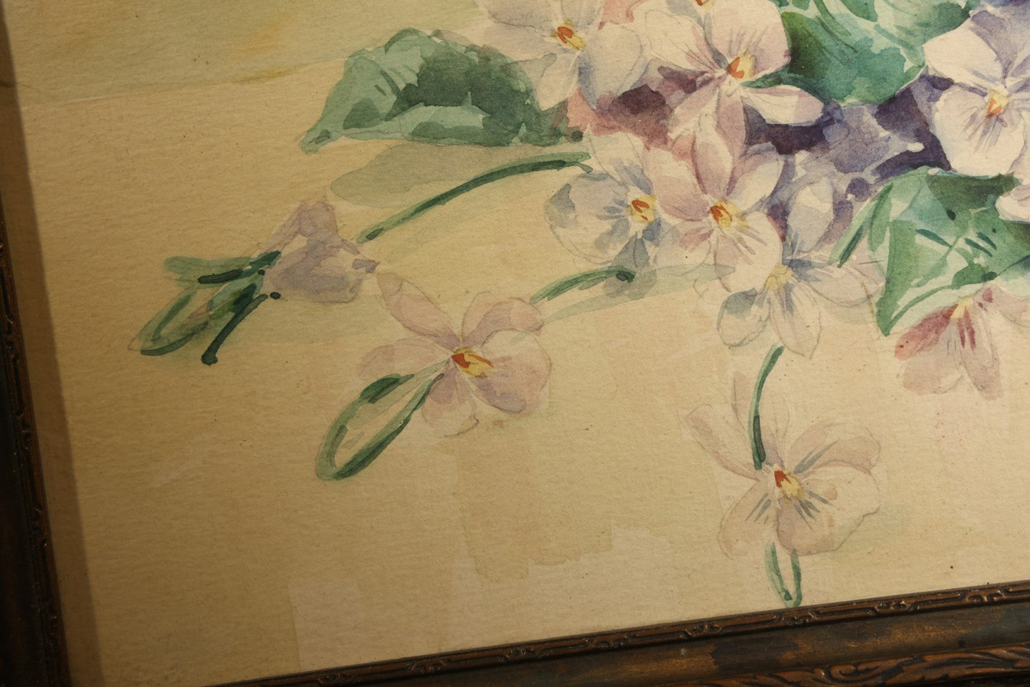 Antique Framed Watercolor Painting on Paper, Still Life of Violets, Signed Frances Kaull, 1911