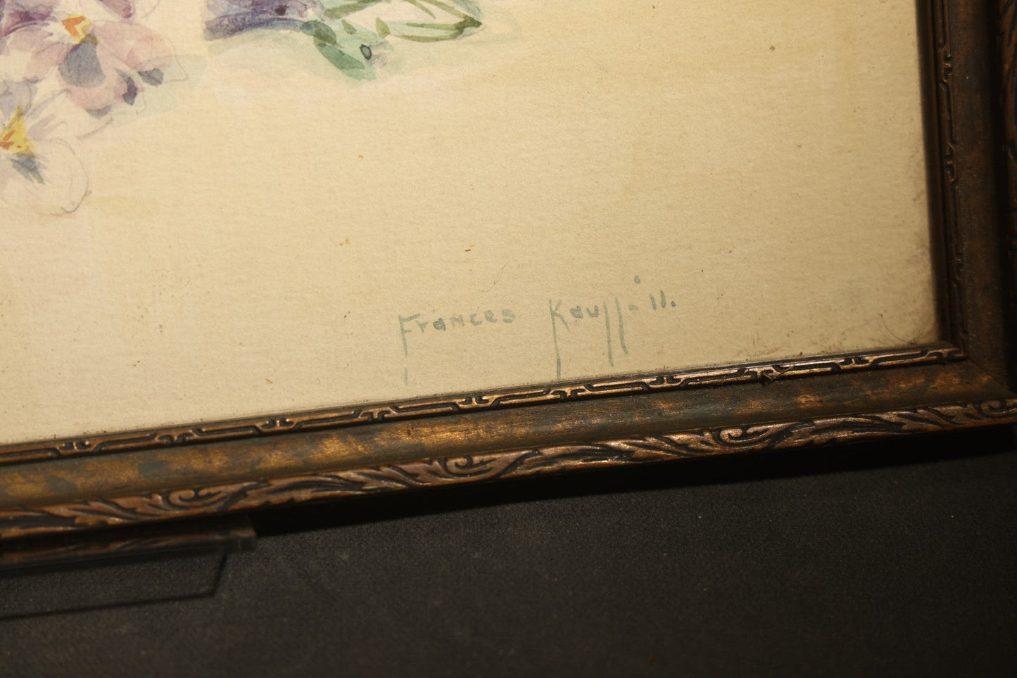 Antique Framed Watercolor Painting on Paper, Still Life of Violets, Signed Frances Kaull, 1911