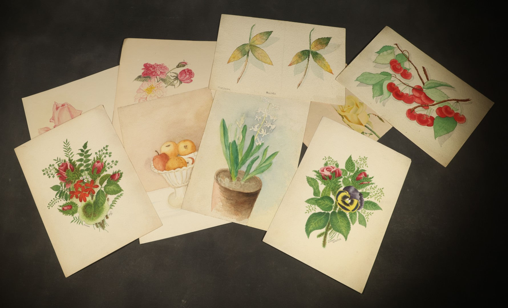 Grouping of 10 Antique Unframed Watercolor Paintings on Paper by H. Wilder, Floral and Still Life Subjects including Roses with Pansy, Potted Hyacinth, Cherries on a Branch, and Fruit Compote, 1860s-1880s