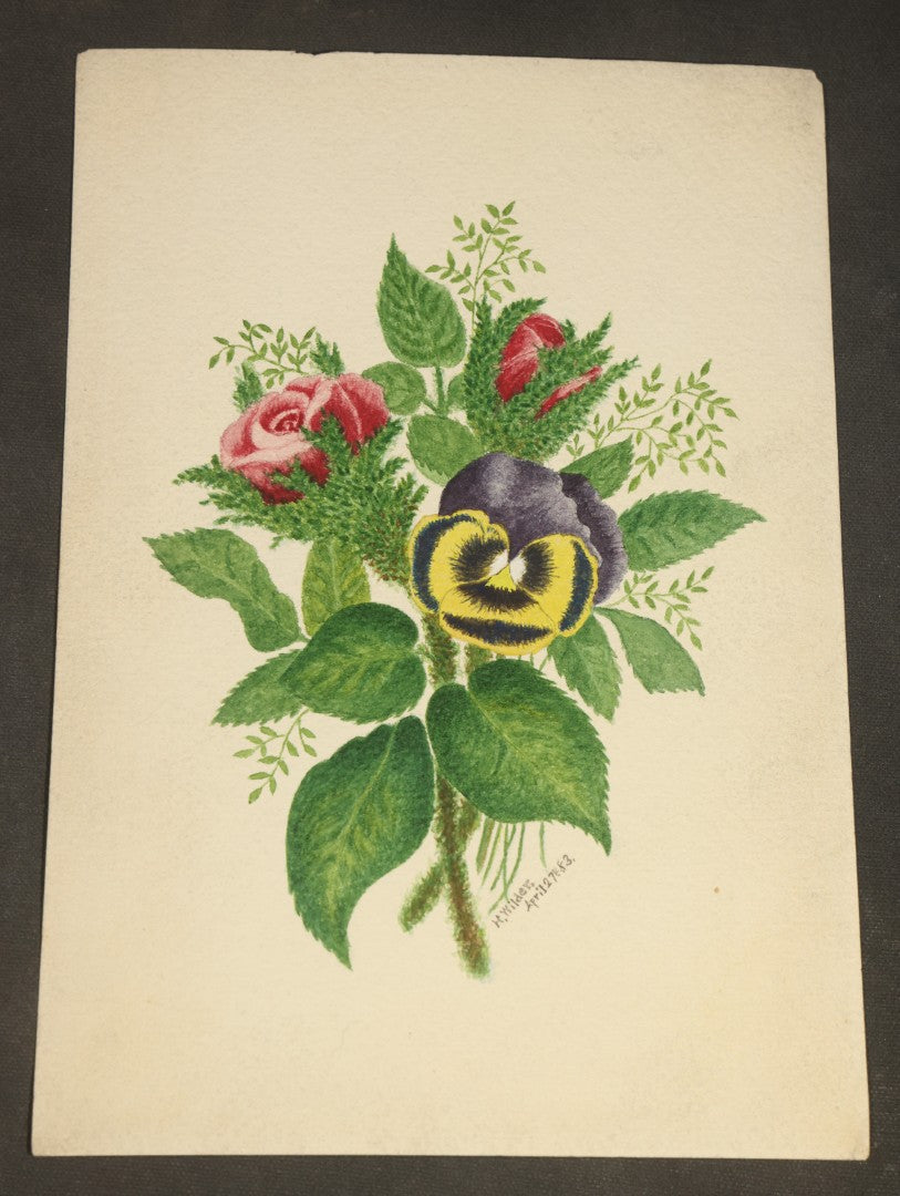Grouping of 10 Antique Unframed Watercolor Paintings on Paper by H. Wilder, Floral and Still Life Subjects including Roses with Pansy, Potted Hyacinth, Cherries on a Branch, and Fruit Compote, 1860s-1880s