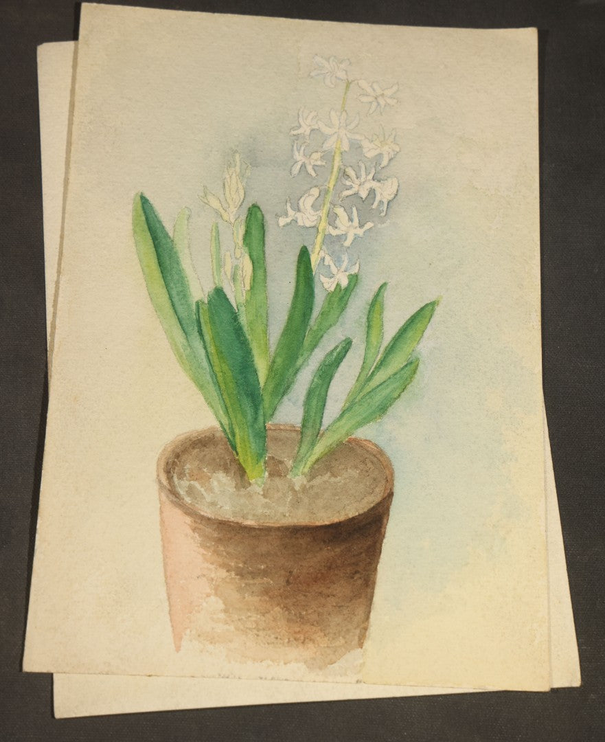 Grouping of 10 Antique Unframed Watercolor Paintings on Paper by H. Wilder, Floral and Still Life Subjects including Roses with Pansy, Potted Hyacinth, Cherries on a Branch, and Fruit Compote, 1860s-1880s