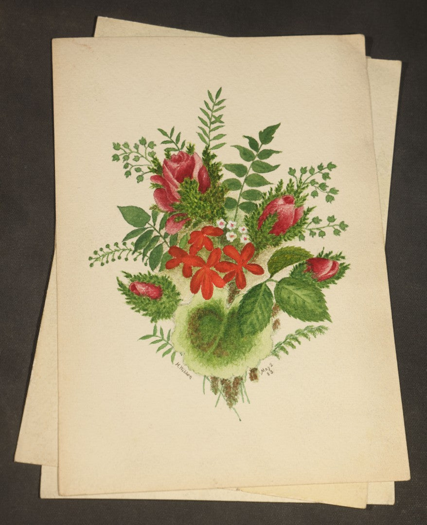 Grouping of 10 Antique Unframed Watercolor Paintings on Paper by H. Wilder, Floral and Still Life Subjects including Roses with Pansy, Potted Hyacinth, Cherries on a Branch, and Fruit Compote, 1860s-1880s