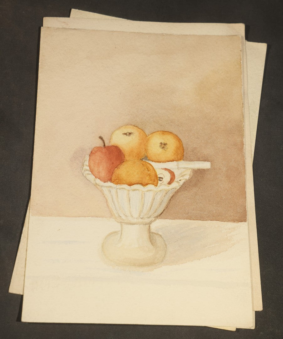 Grouping of 10 Antique Unframed Watercolor Paintings on Paper by H. Wilder, Floral and Still Life Subjects including Roses with Pansy, Potted Hyacinth, Cherries on a Branch, and Fruit Compote, 1860s-1880s