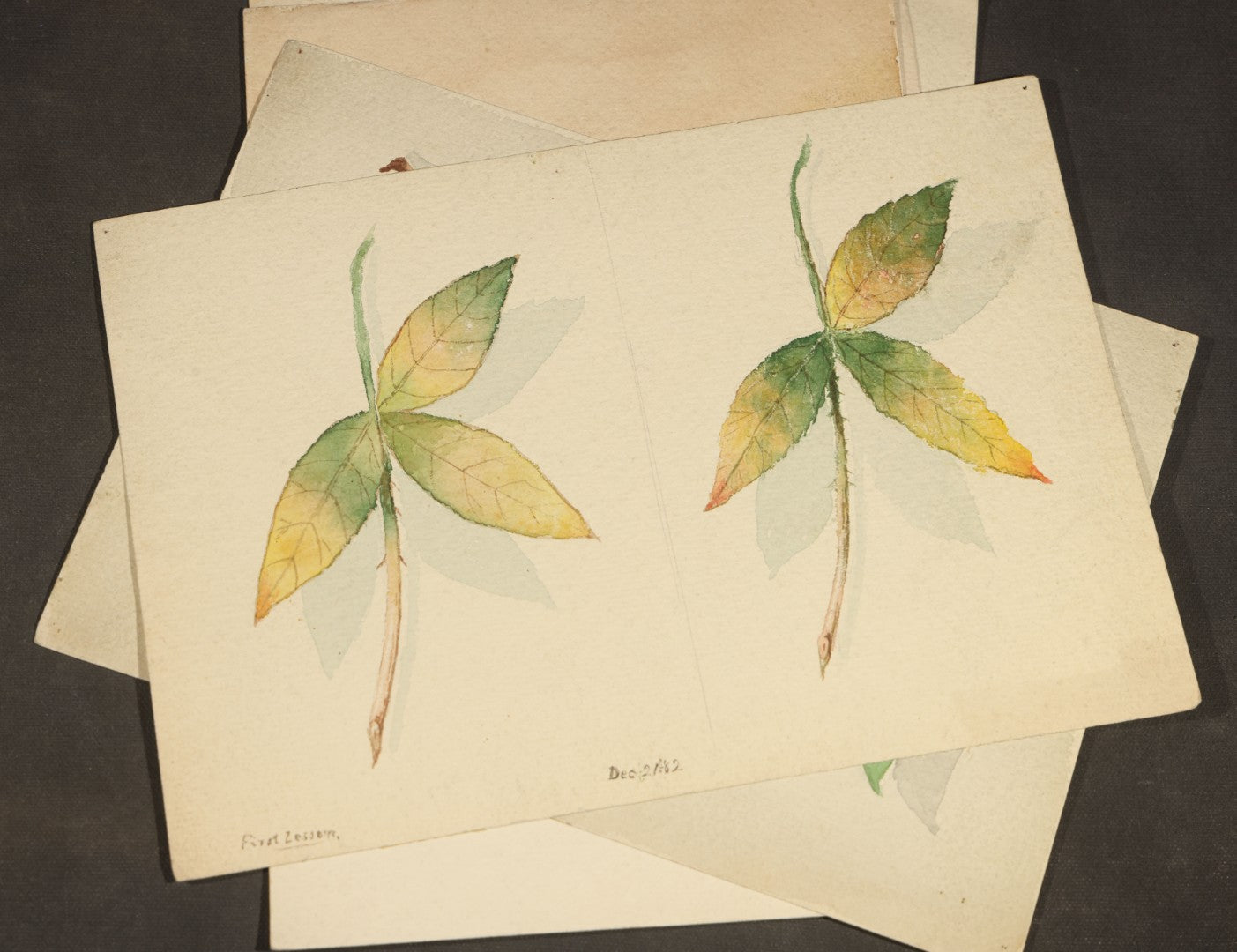 Grouping of 10 Antique Unframed Watercolor Paintings on Paper by H. Wilder, Floral and Still Life Subjects including Roses with Pansy, Potted Hyacinth, Cherries on a Branch, and Fruit Compote, 1860s-1880s