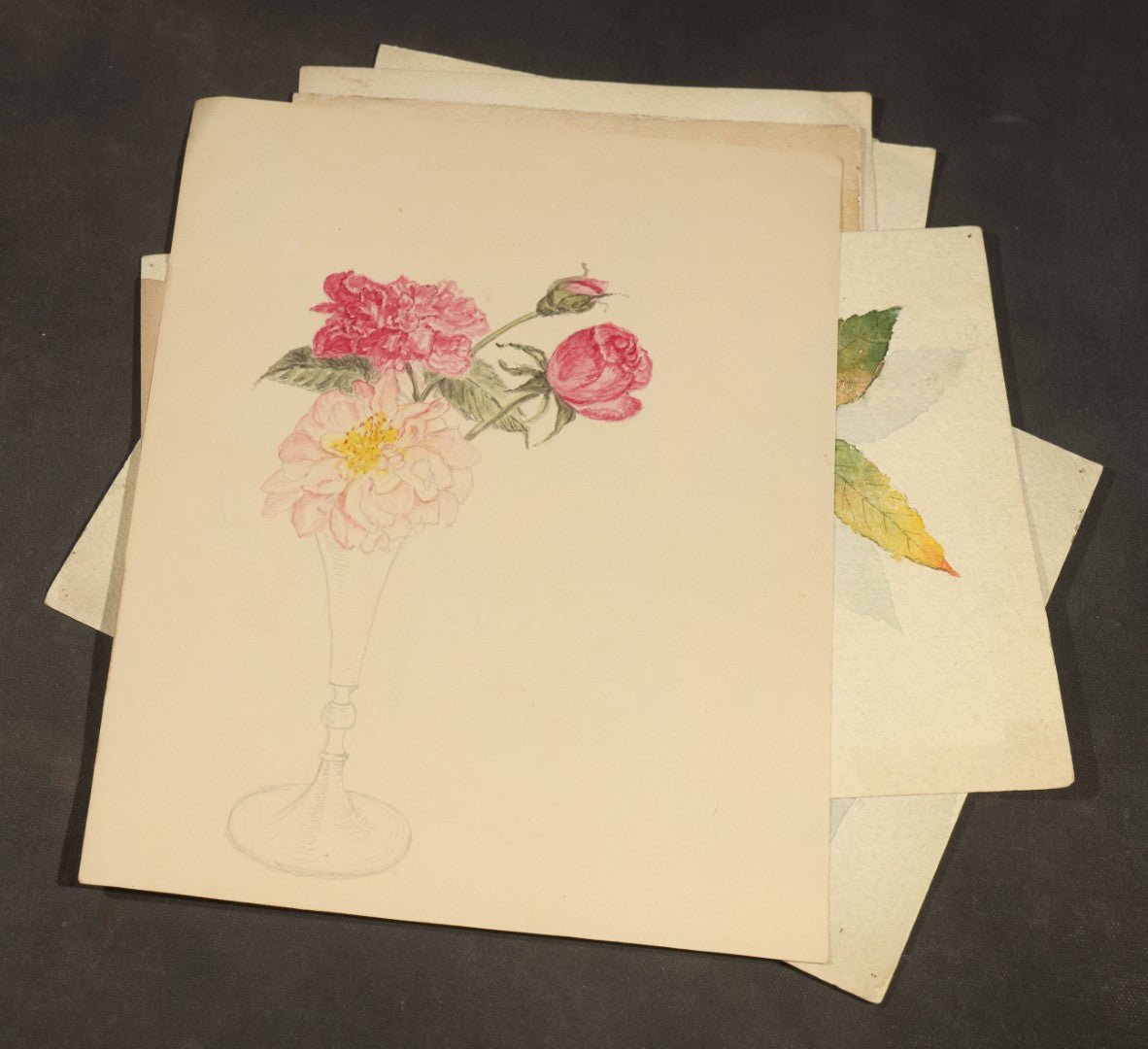 Grouping of 10 Antique Unframed Watercolor Paintings on Paper by H. Wilder, Floral and Still Life Subjects including Roses with Pansy, Potted Hyacinth, Cherries on a Branch, and Fruit Compote, 1860s-1880s