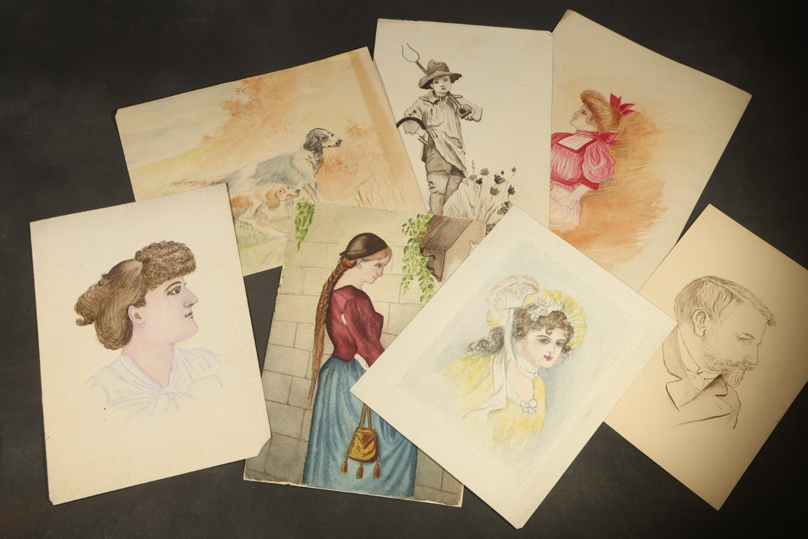Grouping of Seven Antique Unframed Watercolor Paintings on Paper including Portraits of Women, Sporting Dogs, and a Boy with Farm Tools
