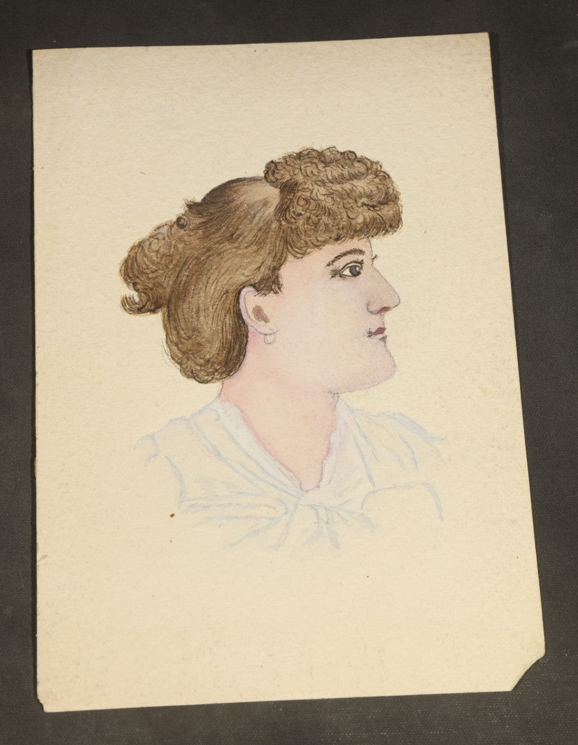Grouping of Seven Antique Unframed Watercolor Paintings on Paper including Portraits of Women, Sporting Dogs, and a Boy with Farm Tools