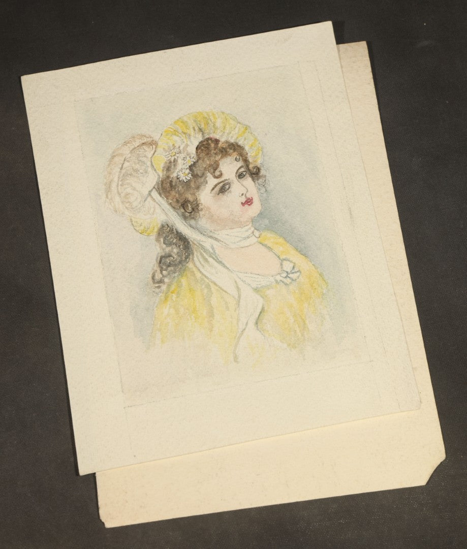 Grouping of Seven Antique Unframed Watercolor Paintings on Paper including Portraits of Women, Sporting Dogs, and a Boy with Farm Tools