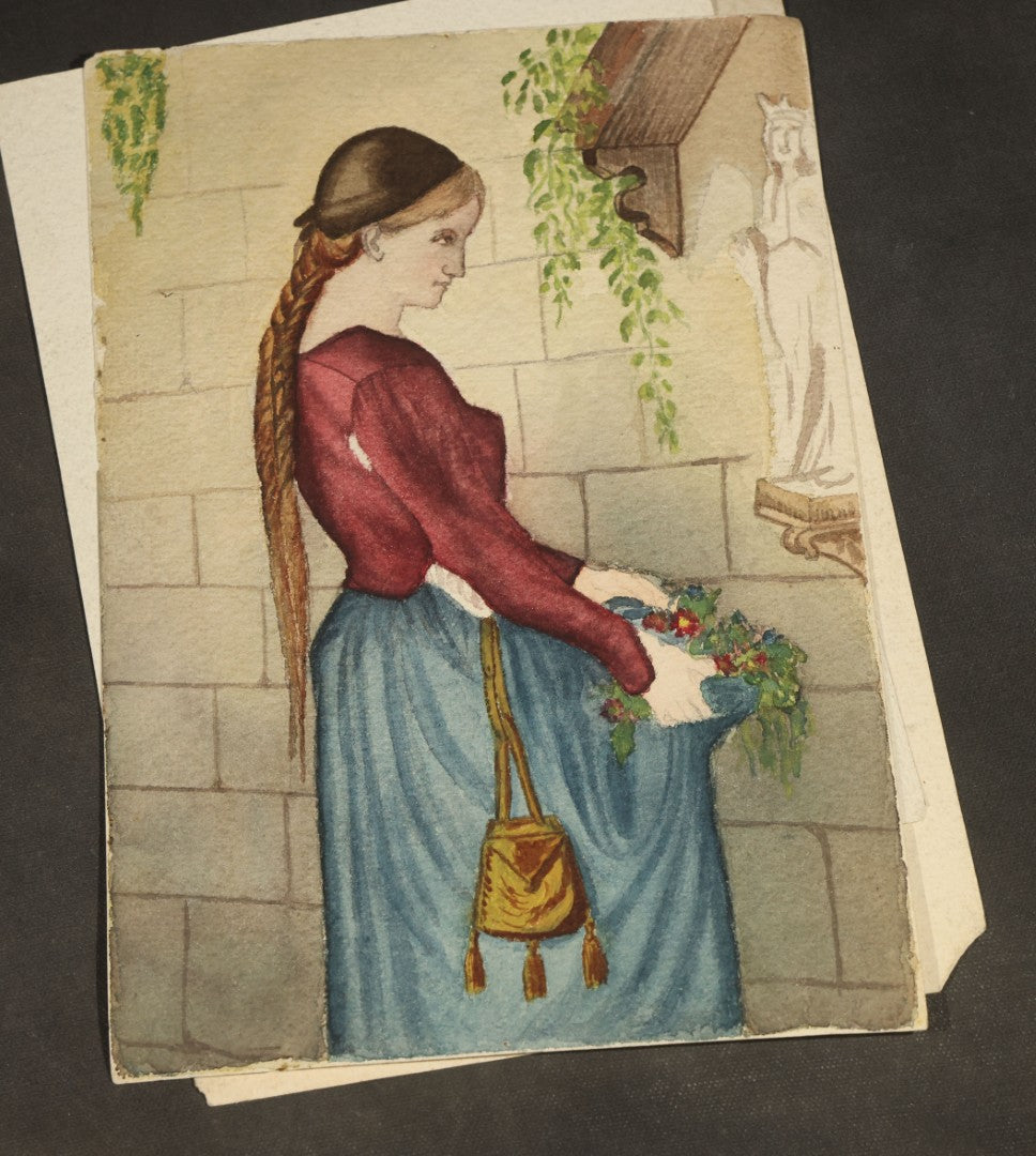 Grouping of Seven Antique Unframed Watercolor Paintings on Paper including Portraits of Women, Sporting Dogs, and a Boy with Farm Tools