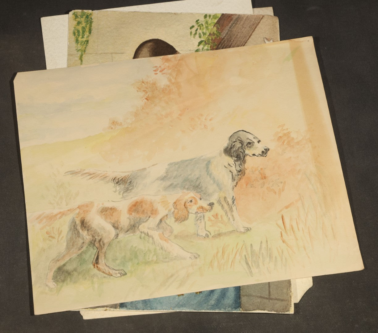 Grouping of Seven Antique Unframed Watercolor Paintings on Paper including Portraits of Women, Sporting Dogs, and a Boy with Farm Tools