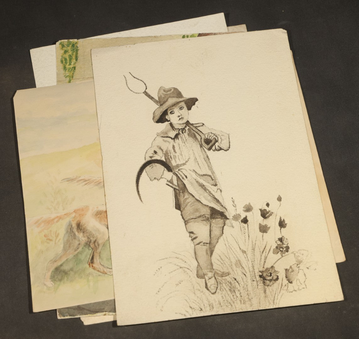 Grouping of Seven Antique Unframed Watercolor Paintings on Paper including Portraits of Women, Sporting Dogs, and a Boy with Farm Tools