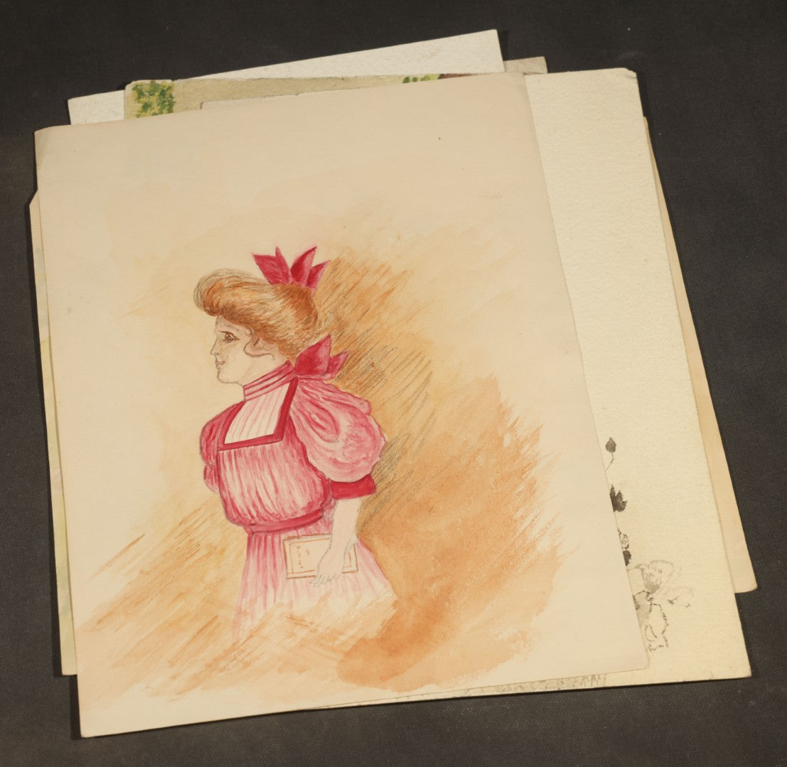 Grouping of Seven Antique Unframed Watercolor Paintings on Paper including Portraits of Women, Sporting Dogs, and a Boy with Farm Tools