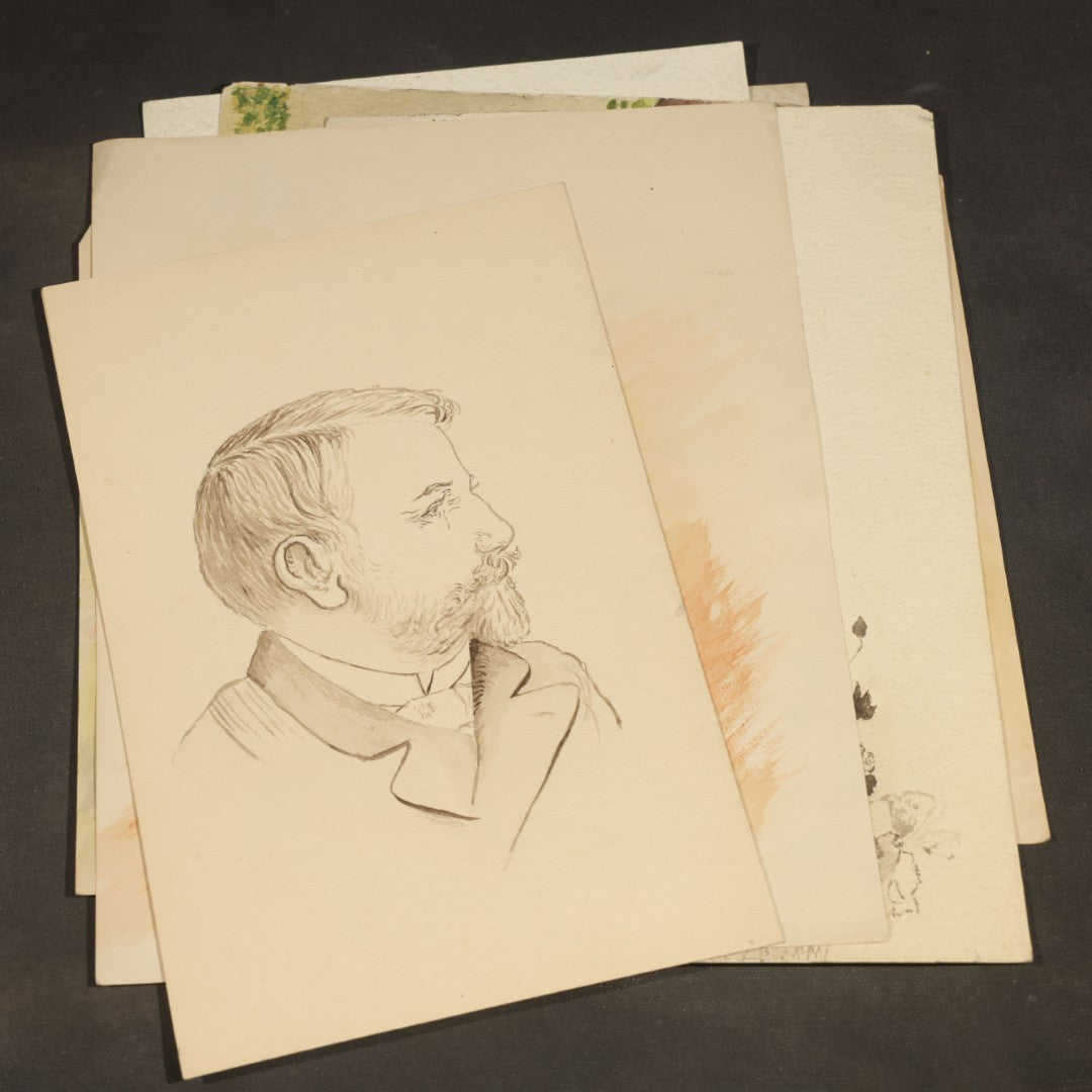 Grouping of Seven Antique Unframed Watercolor Paintings on Paper including Portraits of Women, Sporting Dogs, and a Boy with Farm Tools