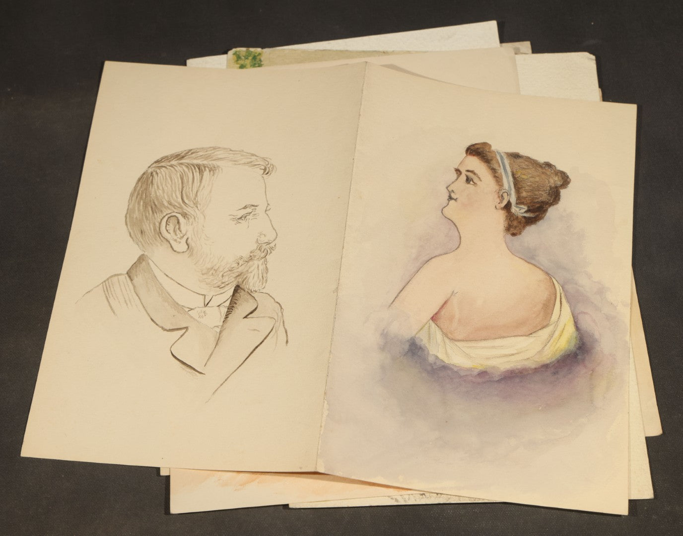 Grouping of Seven Antique Unframed Watercolor Paintings on Paper including Portraits of Women, Sporting Dogs, and a Boy with Farm Tools