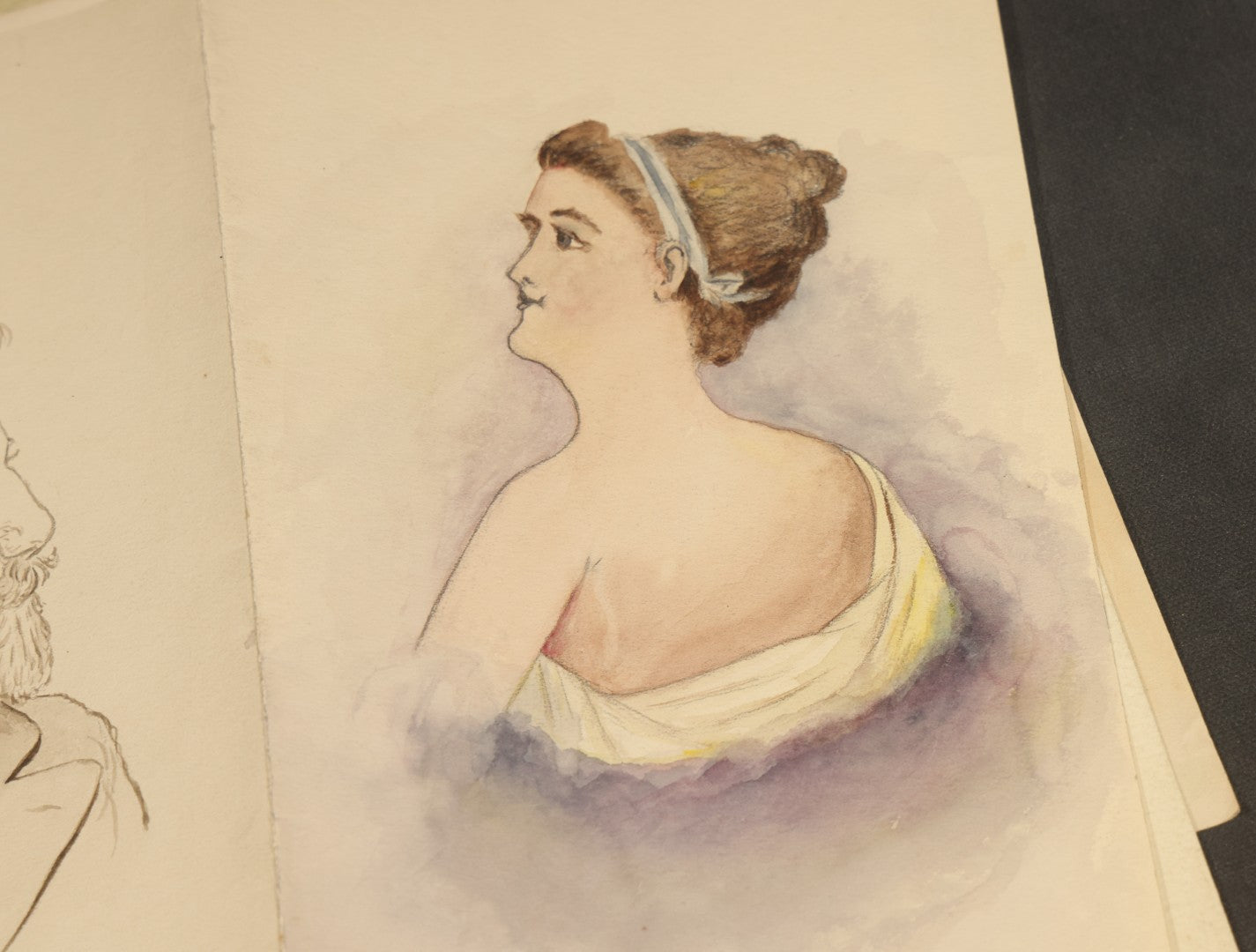 Grouping of Seven Antique Unframed Watercolor Paintings on Paper including Portraits of Women, Sporting Dogs, and a Boy with Farm Tools