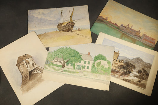 Grouping of Five Antique Watercolor Paintings on Paper including Beached Sailing Vessel, Castle Ruins, and New England House with Picket Fence, Two Dated 1883