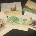 Lot 153 - Grouping of Five Antique Watercolor Paintings on Paper Including Beached Sailing Vessel, Castle Ruins, and New England House with Picket Fence, Two Dated 1883