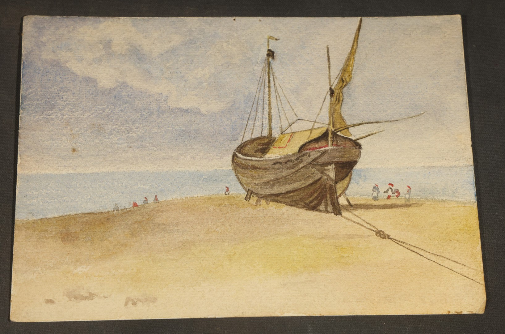 Grouping of Five Antique Watercolor Paintings on Paper including Beached Sailing Vessel, Castle Ruins, and New England House with Picket Fence, Two Dated 1883