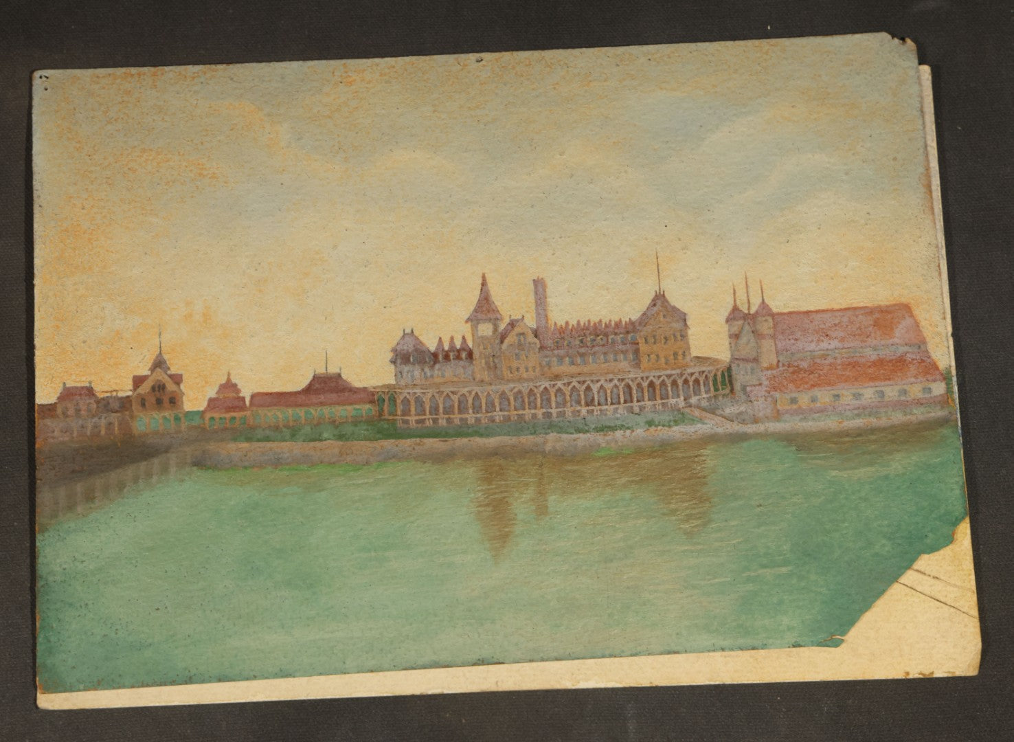 Grouping of Five Antique Watercolor Paintings on Paper including Beached Sailing Vessel, Castle Ruins, and New England House with Picket Fence, Two Dated 1883