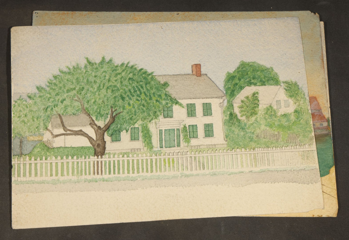 Grouping of Five Antique Watercolor Paintings on Paper including Beached Sailing Vessel, Castle Ruins, and New England House with Picket Fence, Two Dated 1883