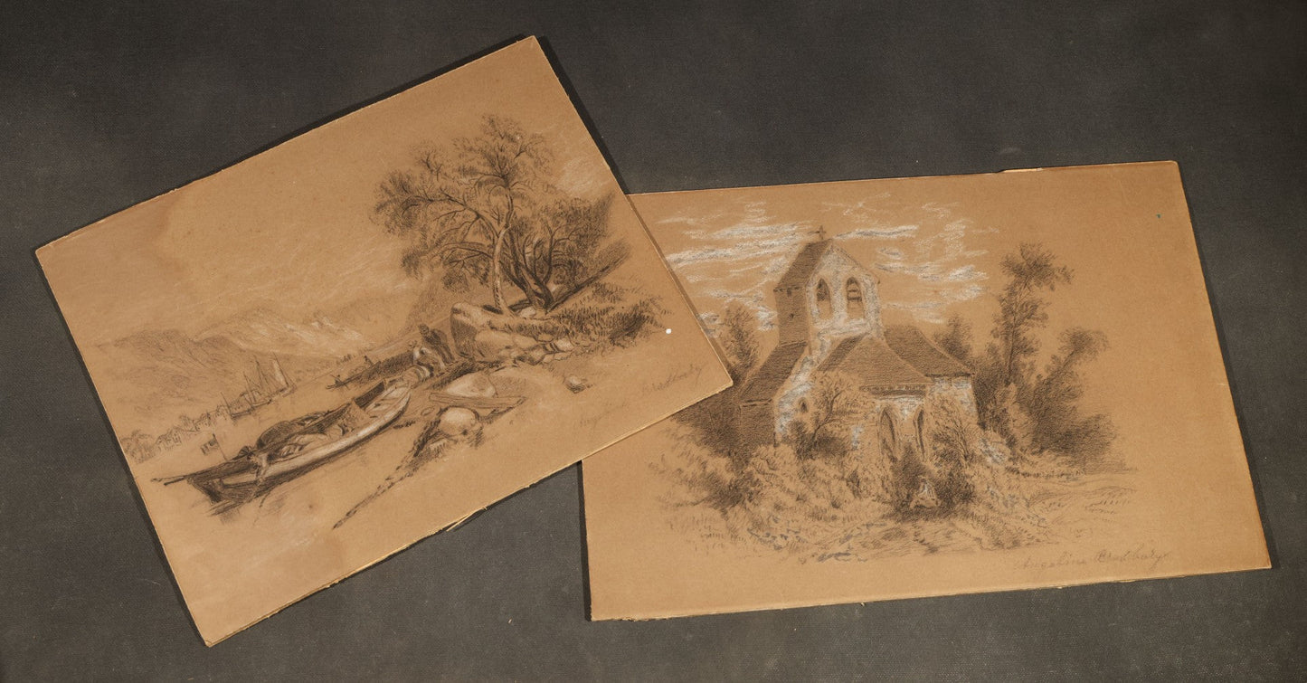 Pair of Antique Pastel and Charcoal Drawings on Paperboard, Church Scene and Shoreline with Boats, Both with Illegible Signatures
