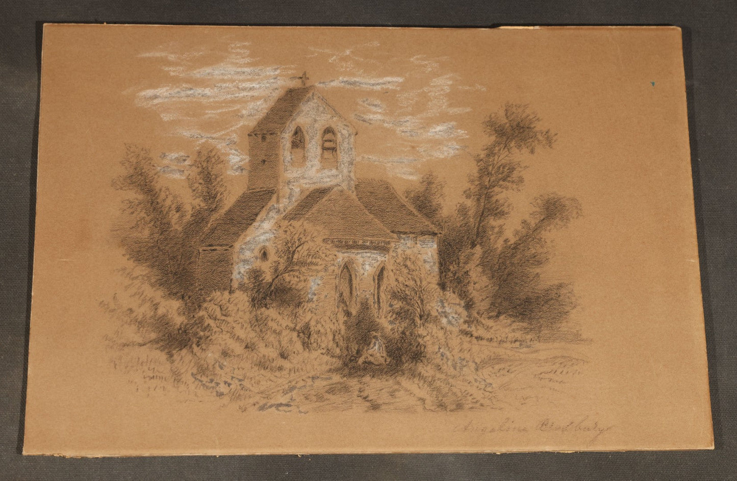 Pair of Antique Pastel and Charcoal Drawings on Paperboard, Church Scene and Shoreline with Boats, Both with Illegible Signatures