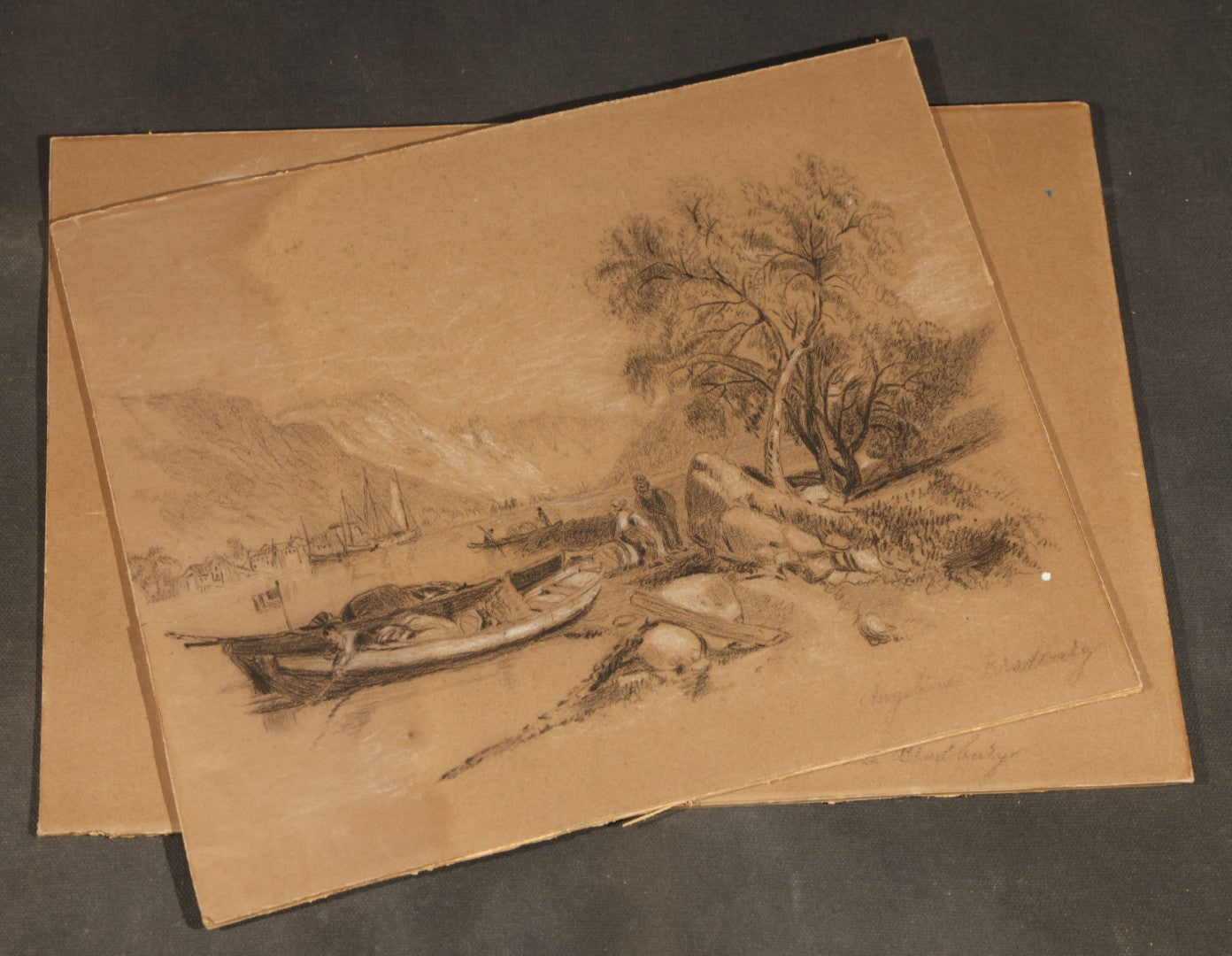 Pair of Antique Pastel and Charcoal Drawings on Paperboard, Church Scene and Shoreline with Boats, Both with Illegible Signatures