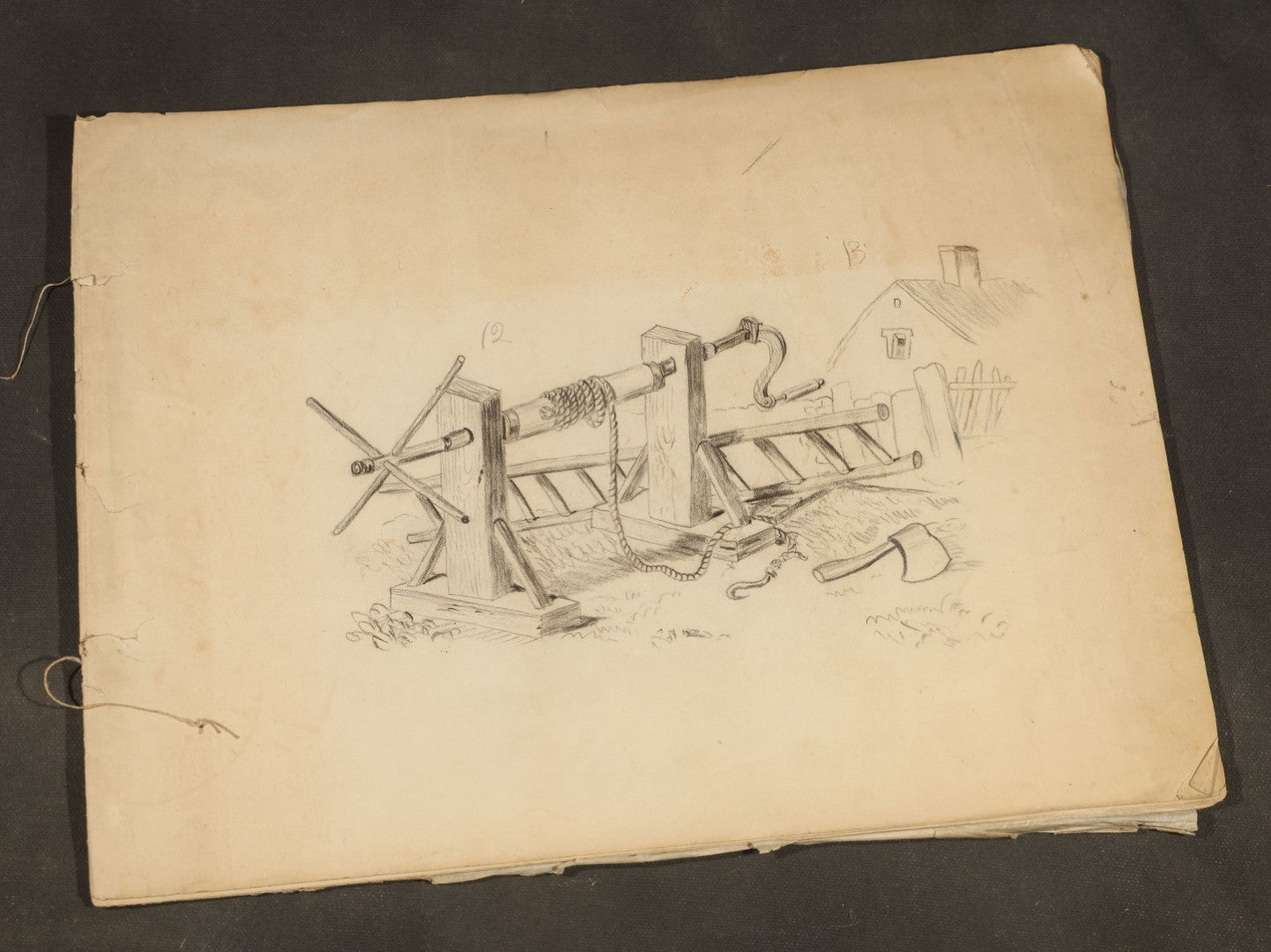 Antique Pencil Sketchbook with Rural Scenes, Still Life Studies, and Landscapes including Farm Equipment, Cow, Water Pump, and Towered Buildings