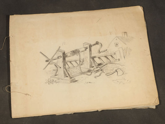 Antique Pencil Sketchbook with Rural Scenes, Still Life Studies, and Landscapes including Farm Equipment, Cow, Water Pump, and Towered Buildings