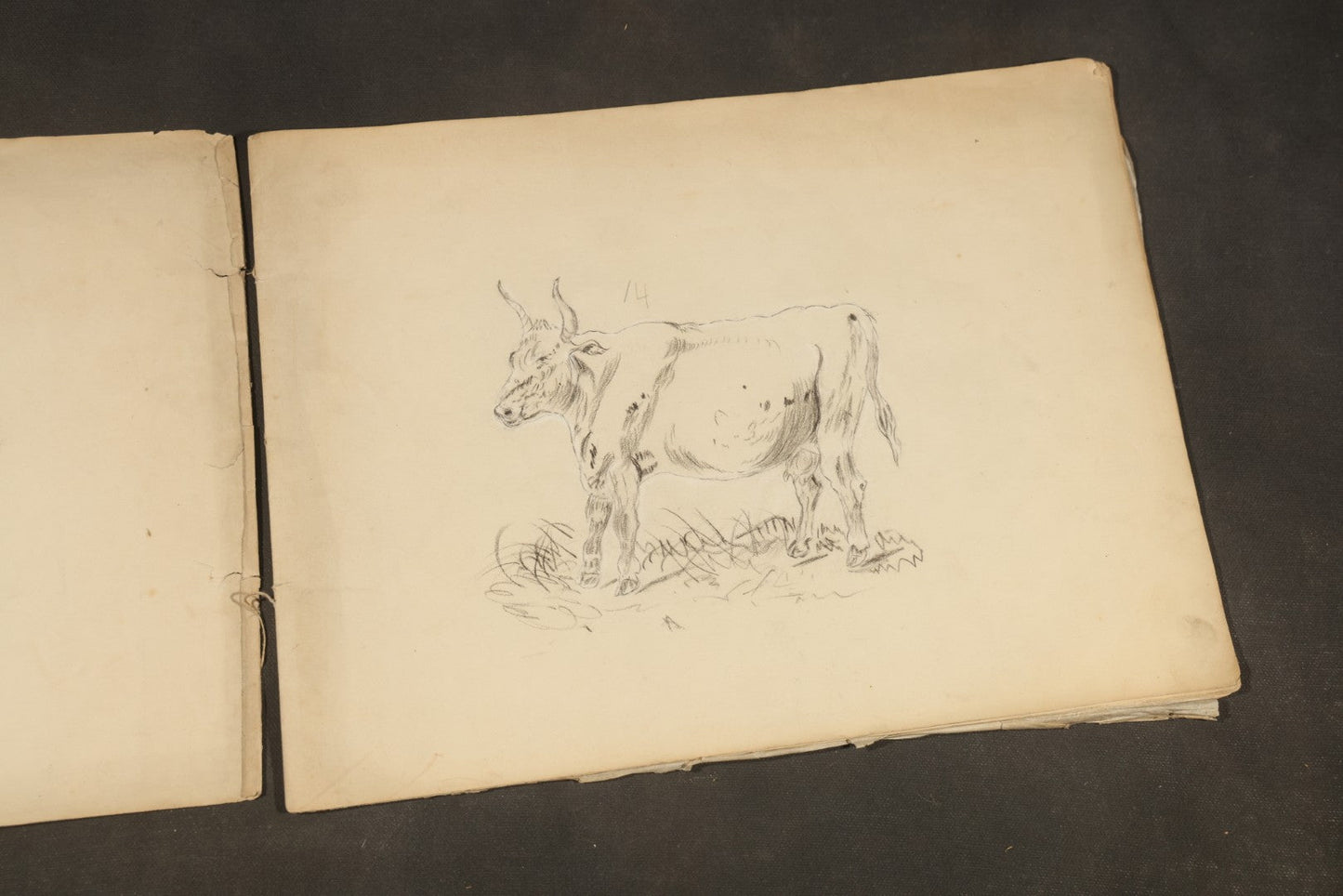Antique Pencil Sketchbook with Rural Scenes, Still Life Studies, and Landscapes including Farm Equipment, Cow, Water Pump, and Towered Buildings