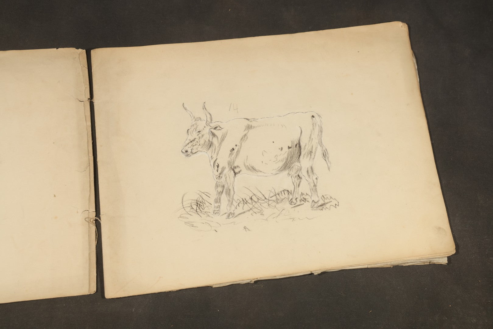 Antique Pencil Sketchbook with Rural Scenes, Still Life Studies, and Landscapes including Farm Equipment, Cow, Water Pump, and Towered Buildings