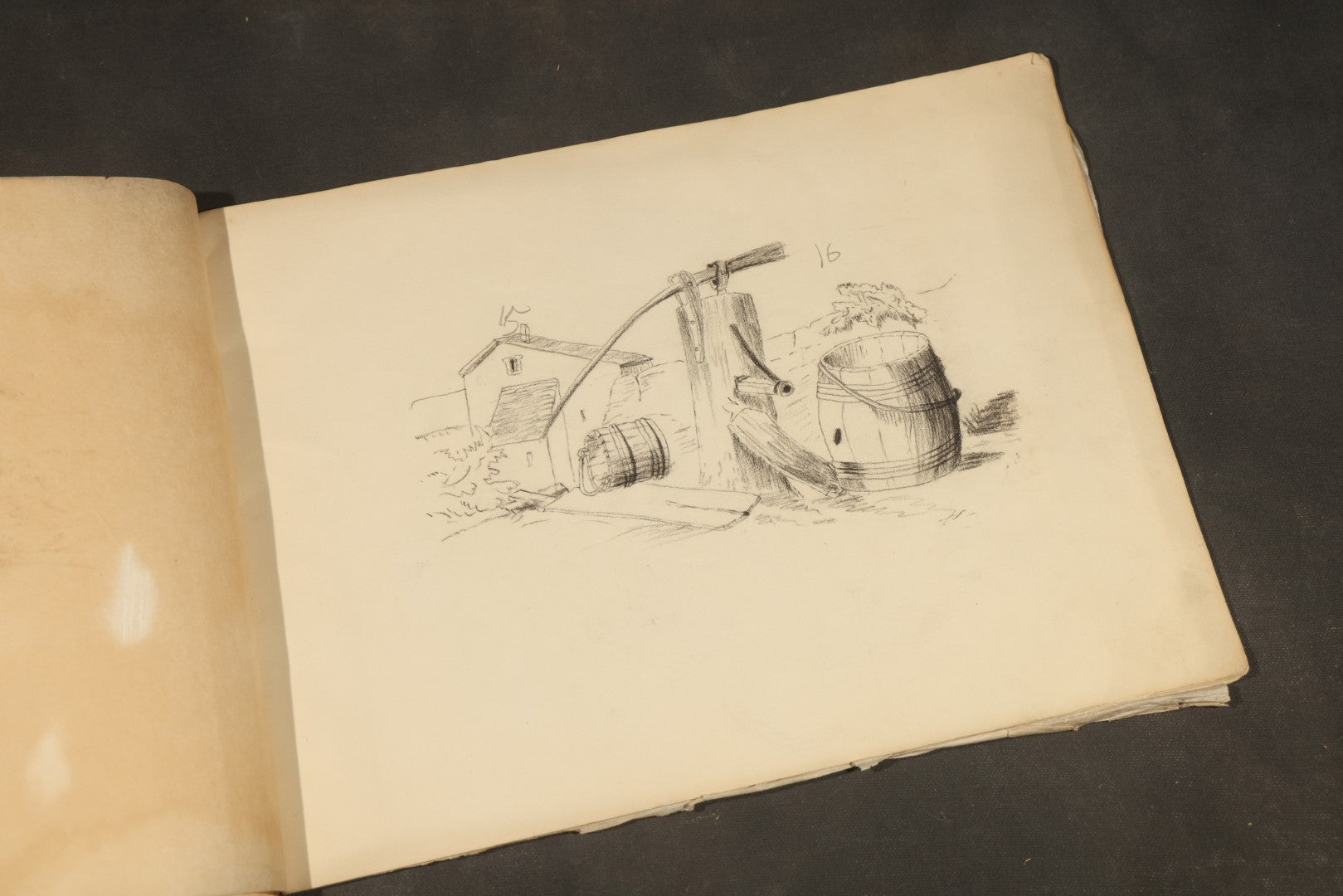 Antique Pencil Sketchbook with Rural Scenes, Still Life Studies, and Landscapes including Farm Equipment, Cow, Water Pump, and Towered Buildings